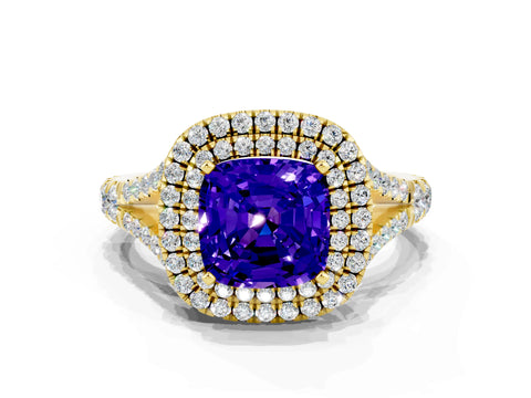 Yellow gold Double Halo Cushion Cut Tanzanite Pavé Split Shank Ring with Prong Setting