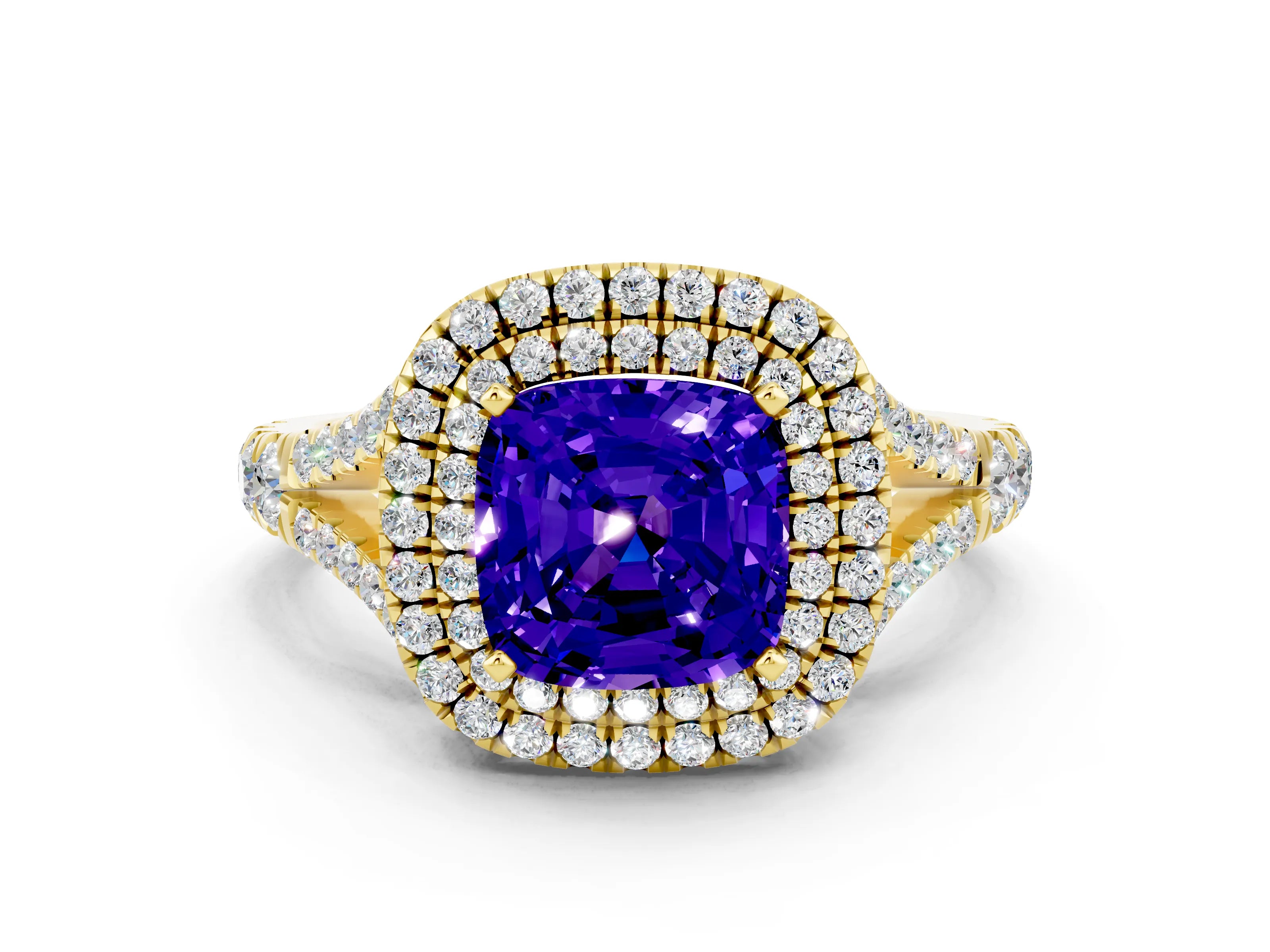 Yellow gold Double Halo Cushion Cut Tanzanite Split Shank Engagement Ring with Four-Prong Setting