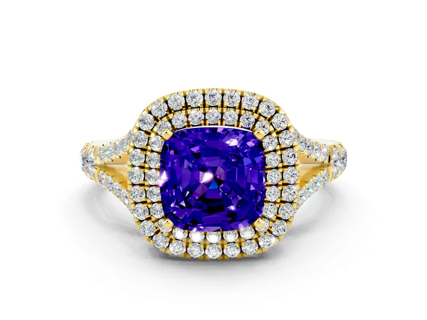 Yellow gold Double Halo Cushion Cut Tanzanite Split Shank Engagement Ring with Four-Prong Setting