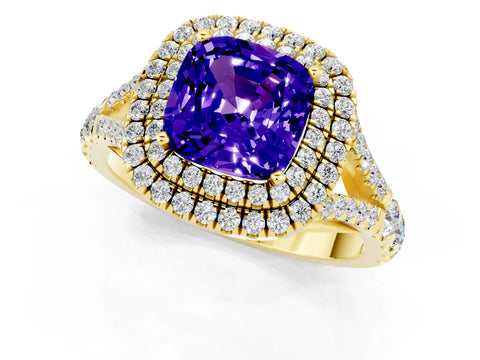 Yellow gold Double Halo Cushion Cut Tanzanite Split Shank Engagement Ring with Four-Prong Setting_1