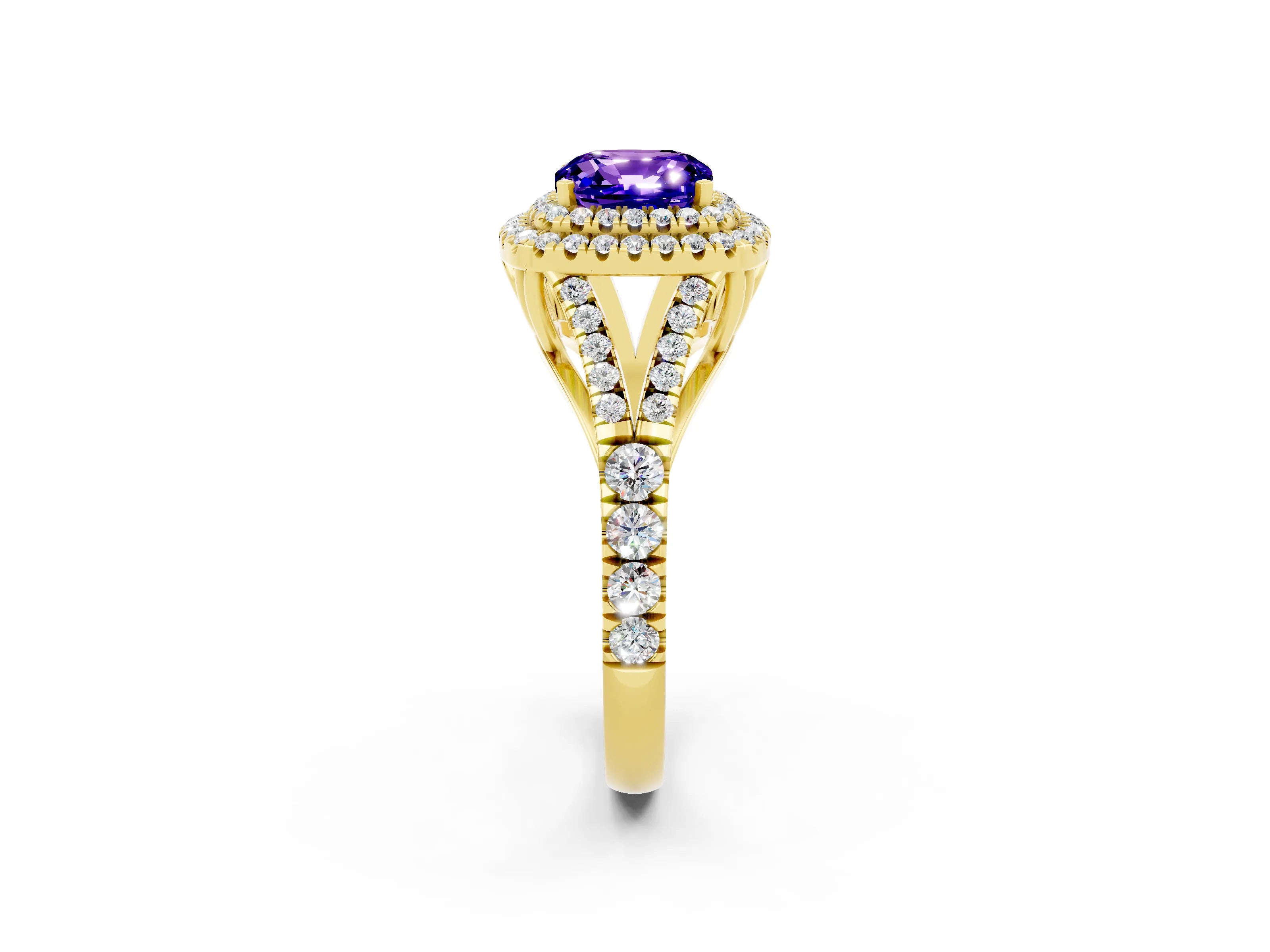 Yellow gold Double Halo Cushion Cut Tanzanite Split Shank Engagement Ring with Four-Prong Setting_2