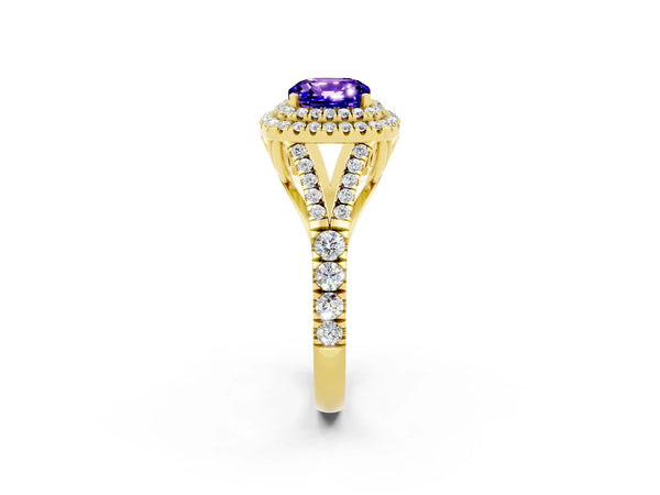 Yellow gold Double Halo Cushion Cut Tanzanite Split Shank Engagement Ring with Four-Prong Setting