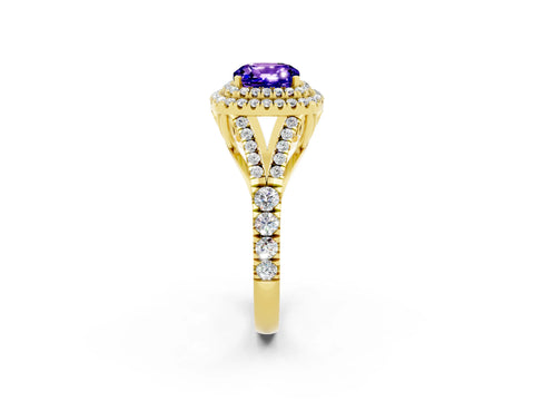 Yellow gold Double Halo Cushion Cut Tanzanite Split Shank Engagement Ring with Four-Prong Setting_2