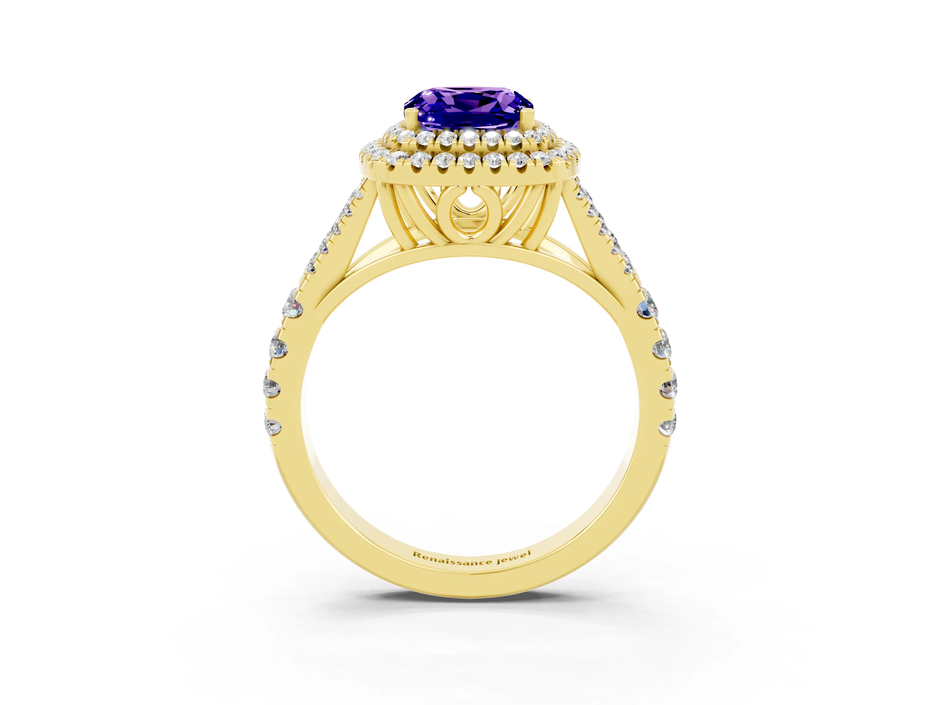 Yellow gold Double Halo Cushion Cut Tanzanite Split Shank Engagement Ring with Four-Prong Setting_3