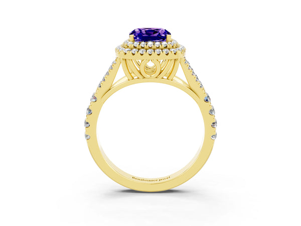 Yellow gold Double Halo Cushion Cut Tanzanite Split Shank Engagement Ring with Four-Prong Setting