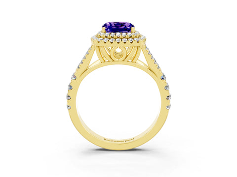 Yellow gold Double Halo Cushion Cut Tanzanite Split Shank Engagement Ring with Four-Prong Setting_3