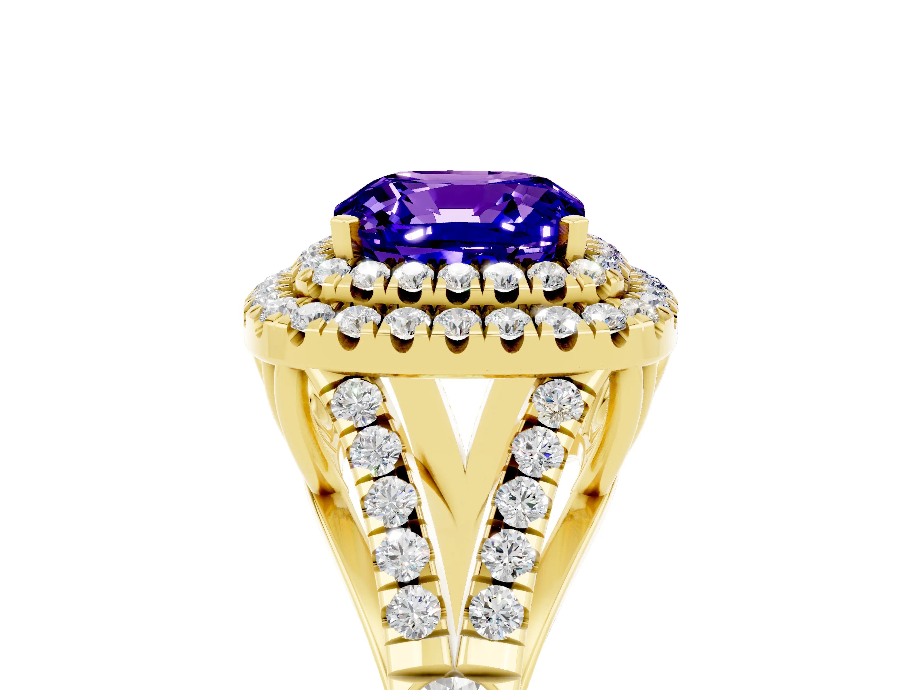 Yellow gold Double Halo Cushion Cut Tanzanite Split Shank Engagement Ring with Four-Prong Setting_5