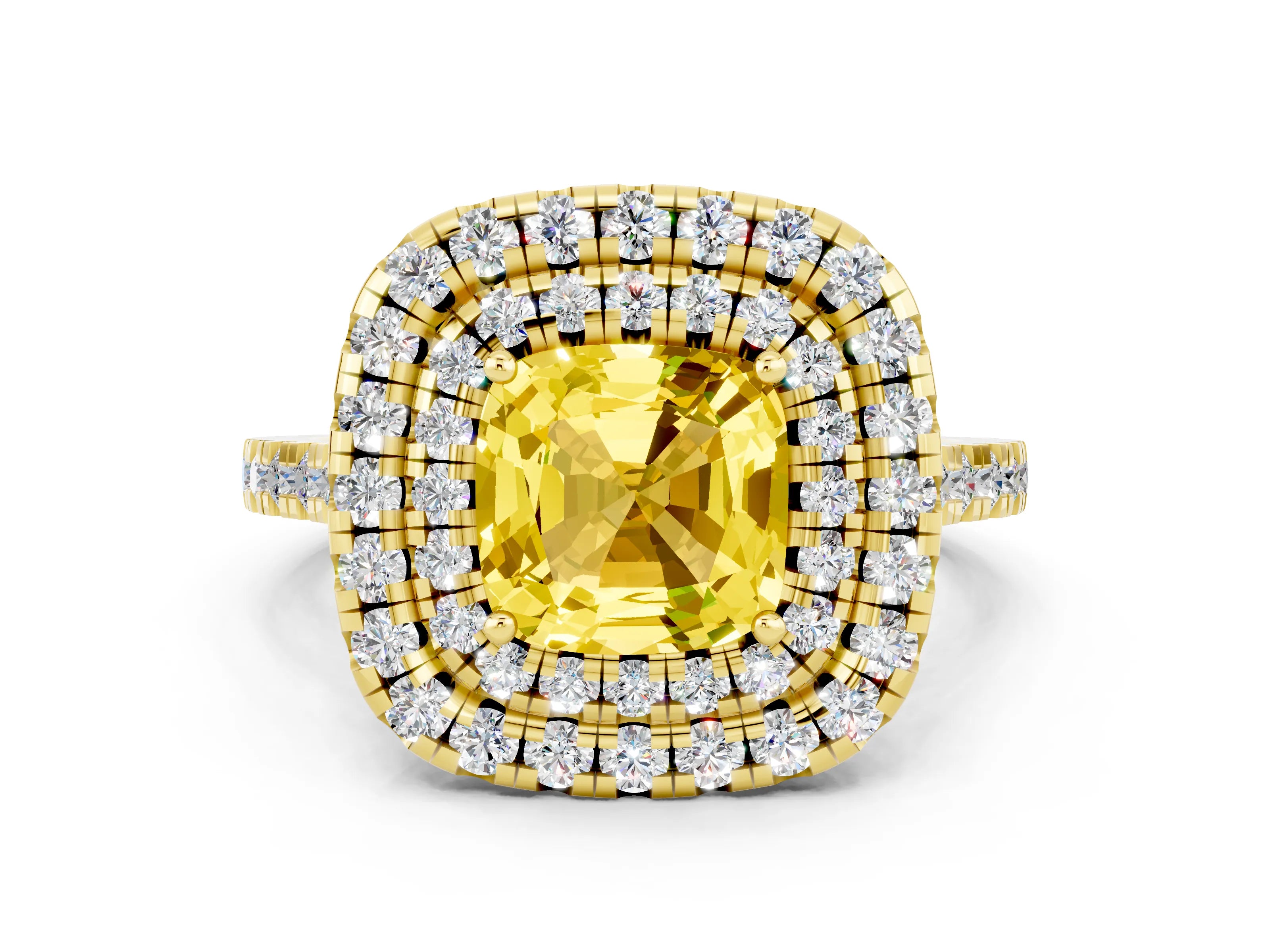 Yellow gold Double Halo Cushion Cut Yellow Sapphire Pavé Band with Four-Prong Setting_24