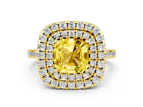 Yellow gold Double Halo Cushion Cut Yellow Sapphire Pavé Band with Four-Prong Setting_24