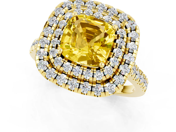 Yellow gold Double Halo Cushion Cut Yellow Sapphire Pavé Band with Four-Prong Setting
