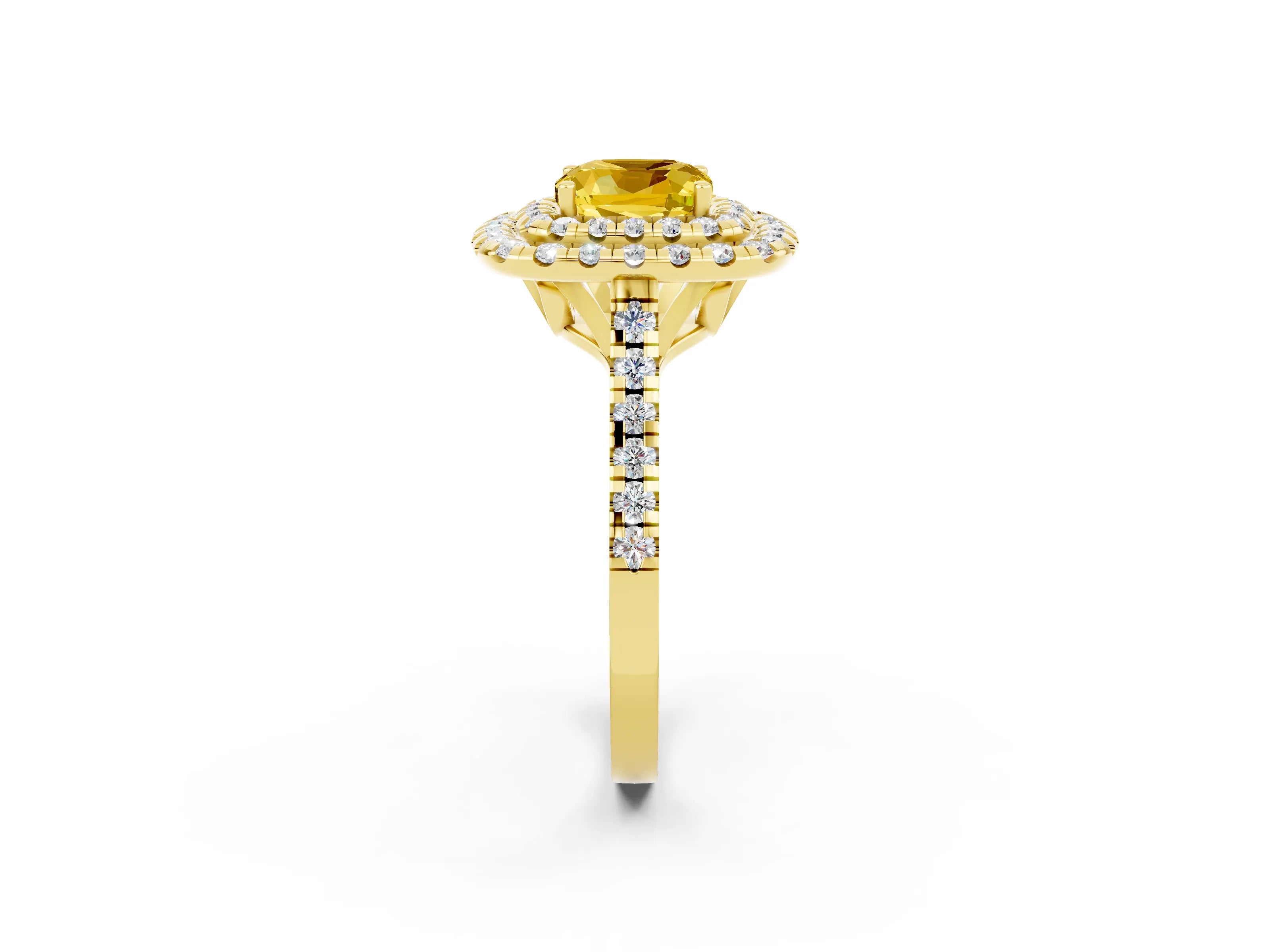 Yellow gold Double Halo Cushion Cut Yellow Sapphire Pavé Band with Four-Prong Setting_26