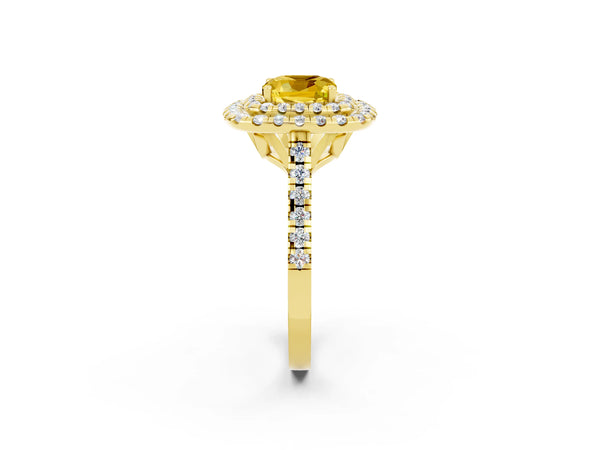 Yellow gold Double Halo Cushion Cut Yellow Sapphire Pavé Band with Four-Prong Setting