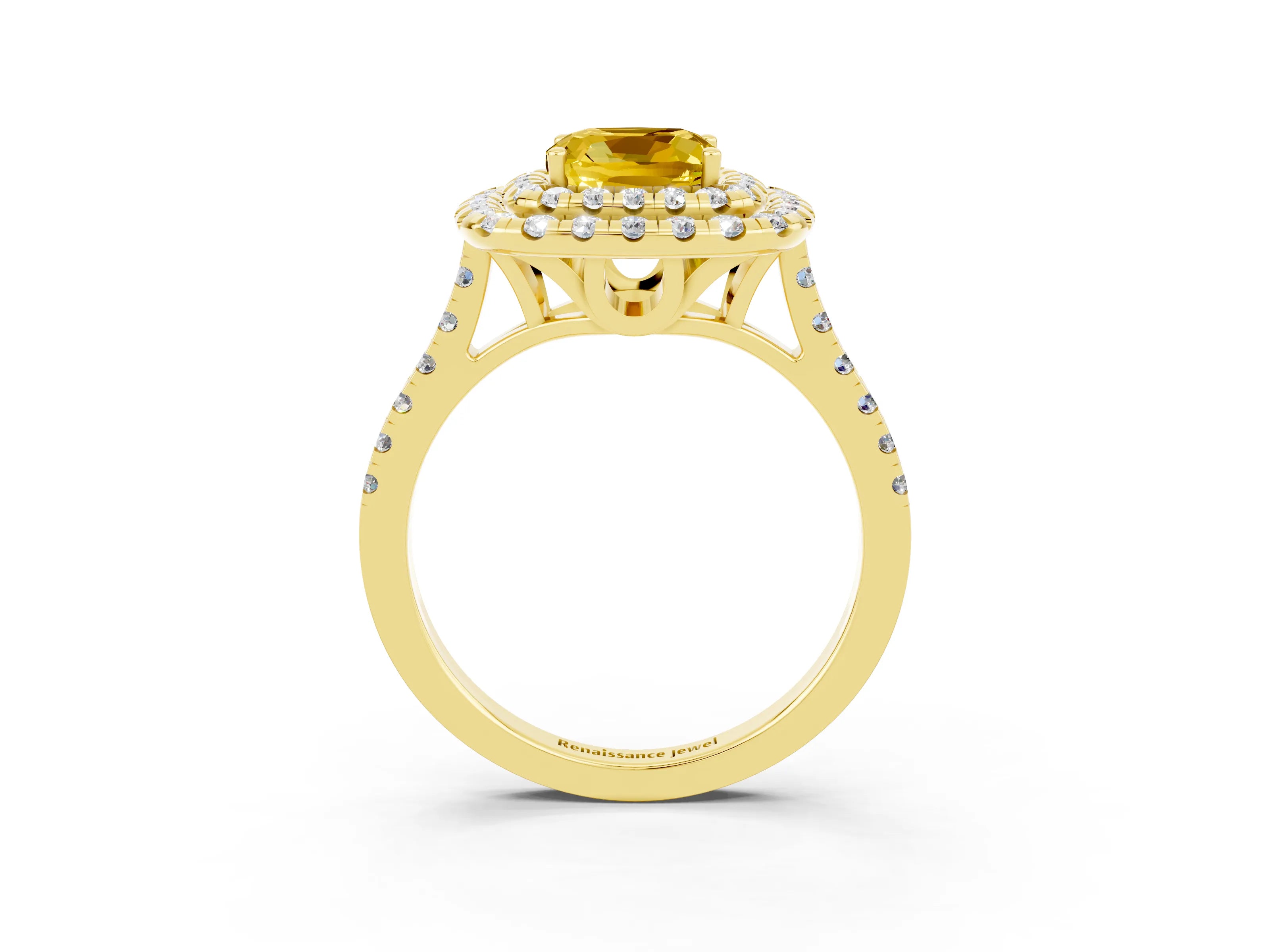Yellow gold Double Halo Cushion Cut Yellow Sapphire Pavé Band with Four-Prong Setting_27