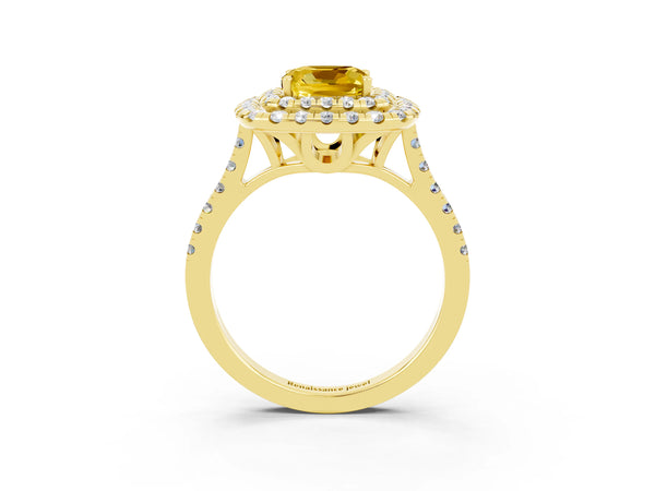 Yellow gold Double Halo Cushion Cut Yellow Sapphire Pavé Band with Four-Prong Setting