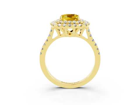 Yellow gold Double Halo Cushion Cut Yellow Sapphire Pavé Band with Four-Prong Setting_27