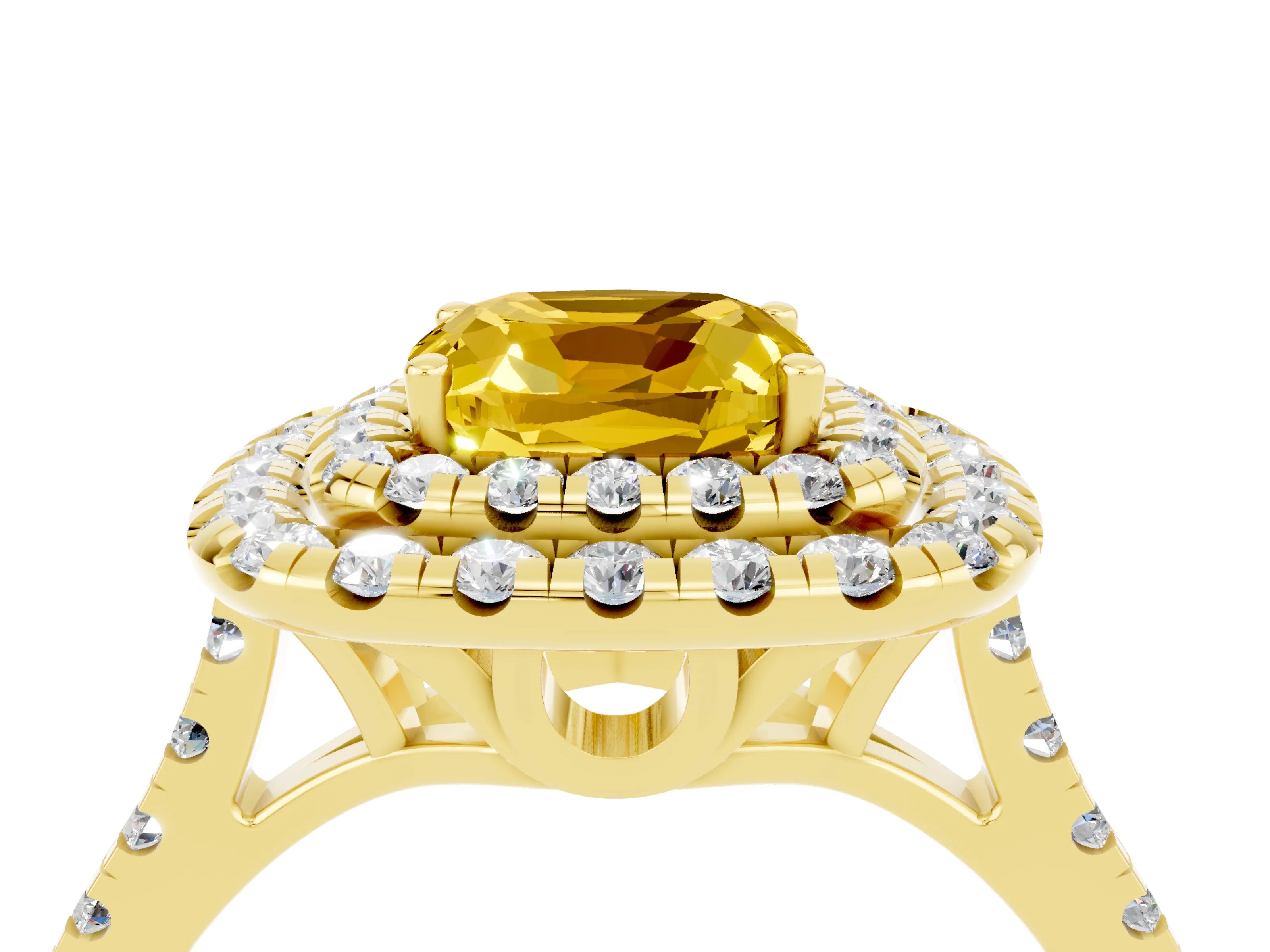 Yellow gold Double Halo Cushion Cut Yellow Sapphire Pavé Band with Four-Prong Setting_28