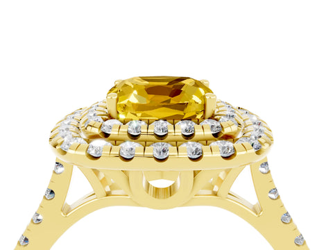 Yellow gold Double Halo Cushion Cut Yellow Sapphire Pavé Band with Four-Prong Setting_28