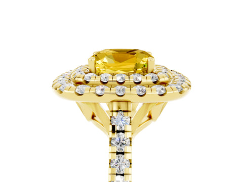 Yellow gold Double Halo Cushion Cut Yellow Sapphire Pavé Band with Four-Prong Setting_29