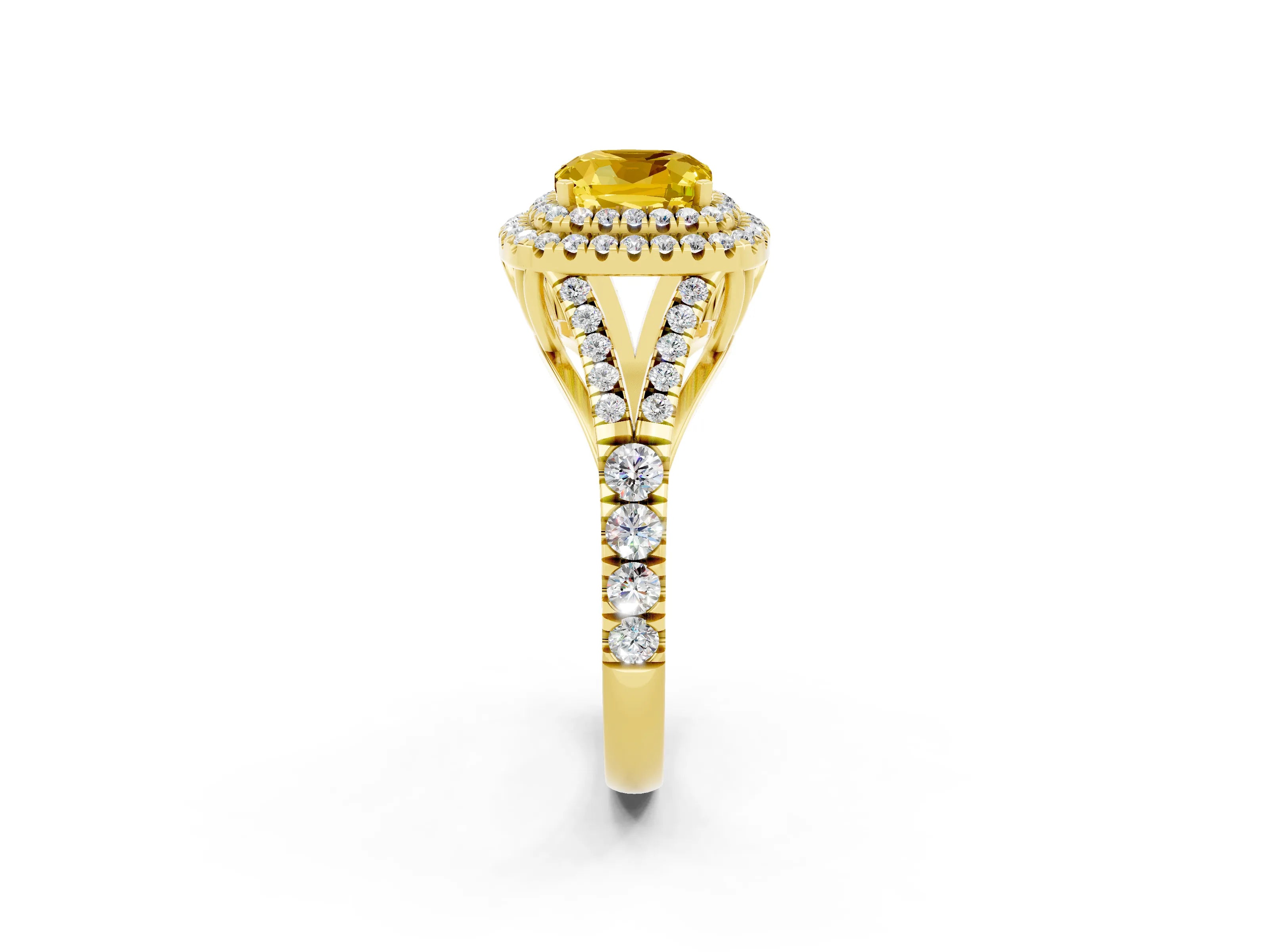 Yellow gold Double Halo Cushion Cut Yellow Sapphire Pavé Split Shank Ring with Prong Setting_2