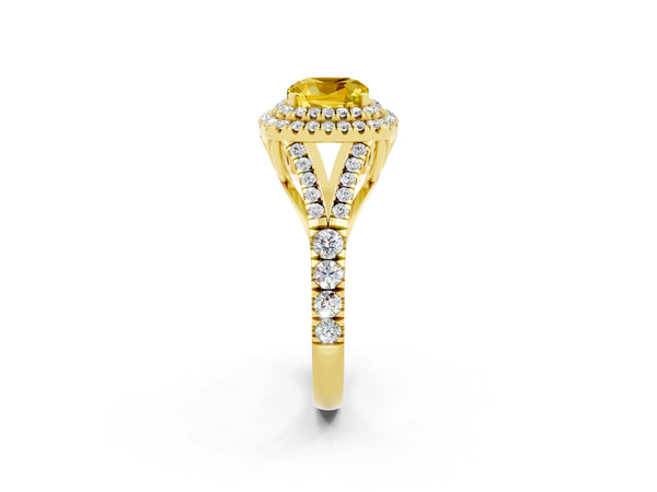 Yellow gold Double Halo Cushion Cut Yellow Sapphire Pavé Split Shank Ring with Prong Setting