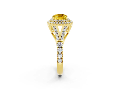 Yellow gold Double Halo Cushion Cut Yellow Sapphire Pavé Split Shank Ring with Prong Setting_2