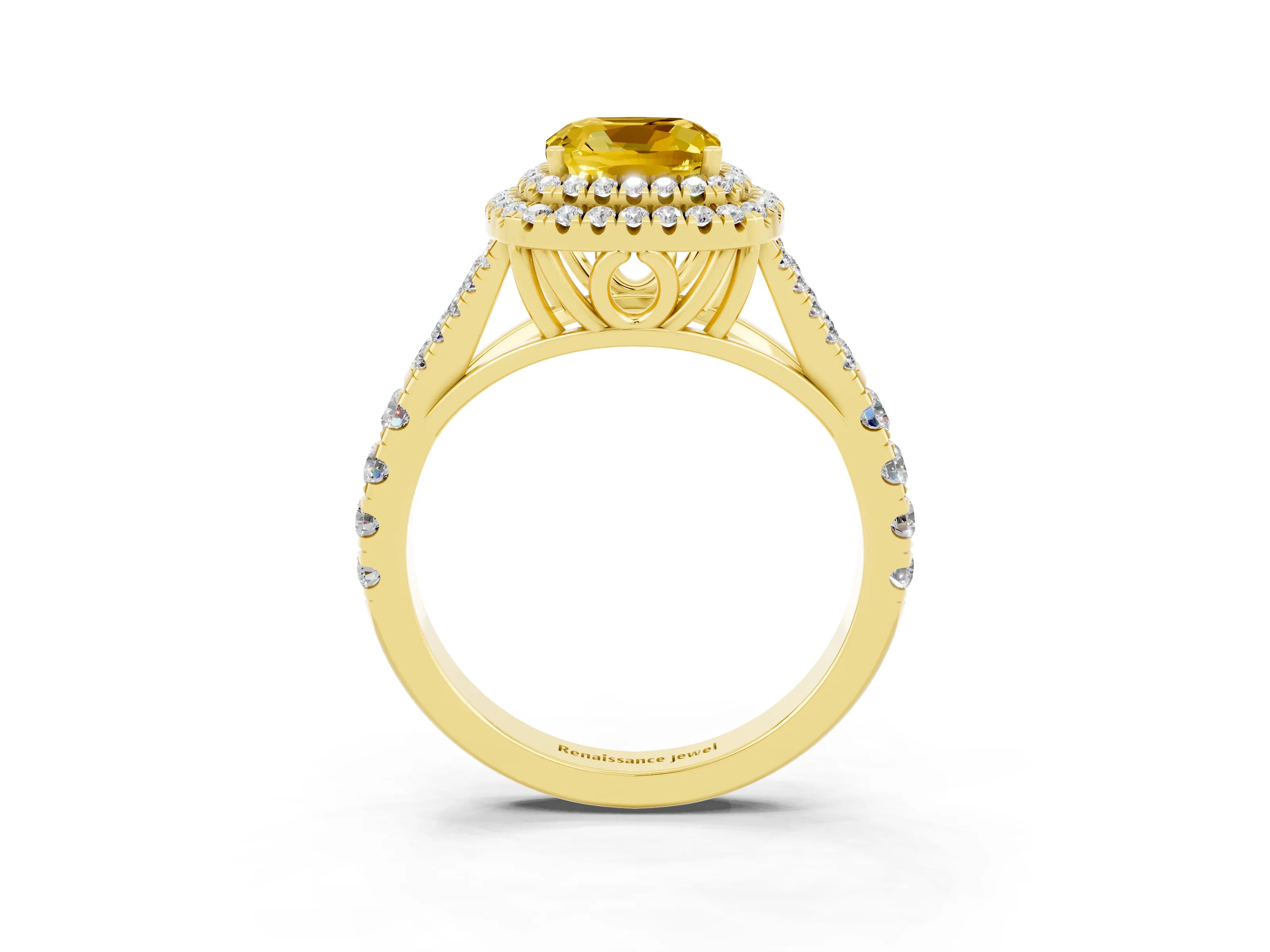 Yellow gold Double Halo Cushion Cut Yellow Sapphire Pavé Split Shank Ring with Prong Setting_3