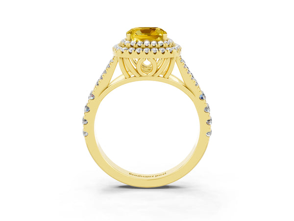 Yellow gold Double Halo Cushion Cut Yellow Sapphire Pavé Split Shank Ring with Prong Setting