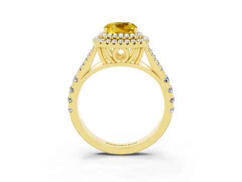 Yellow gold Double Halo Cushion Cut Yellow Sapphire Pavé Split Shank Ring with Prong Setting_3