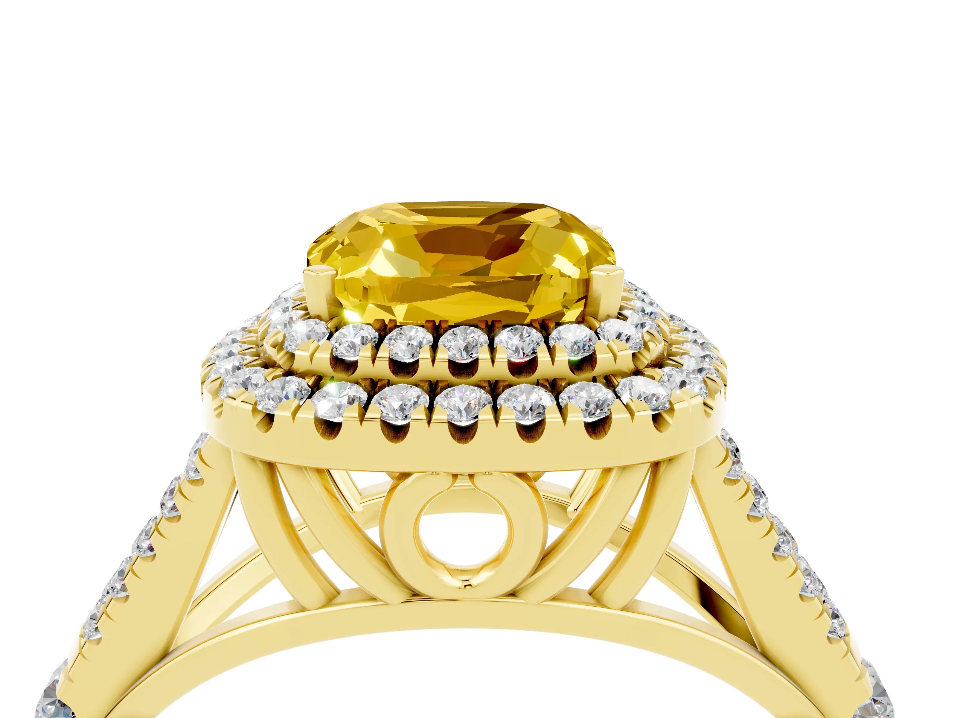 Yellow gold Double Halo Cushion Cut Yellow Sapphire Pavé Split Shank Ring with Prong Setting_4