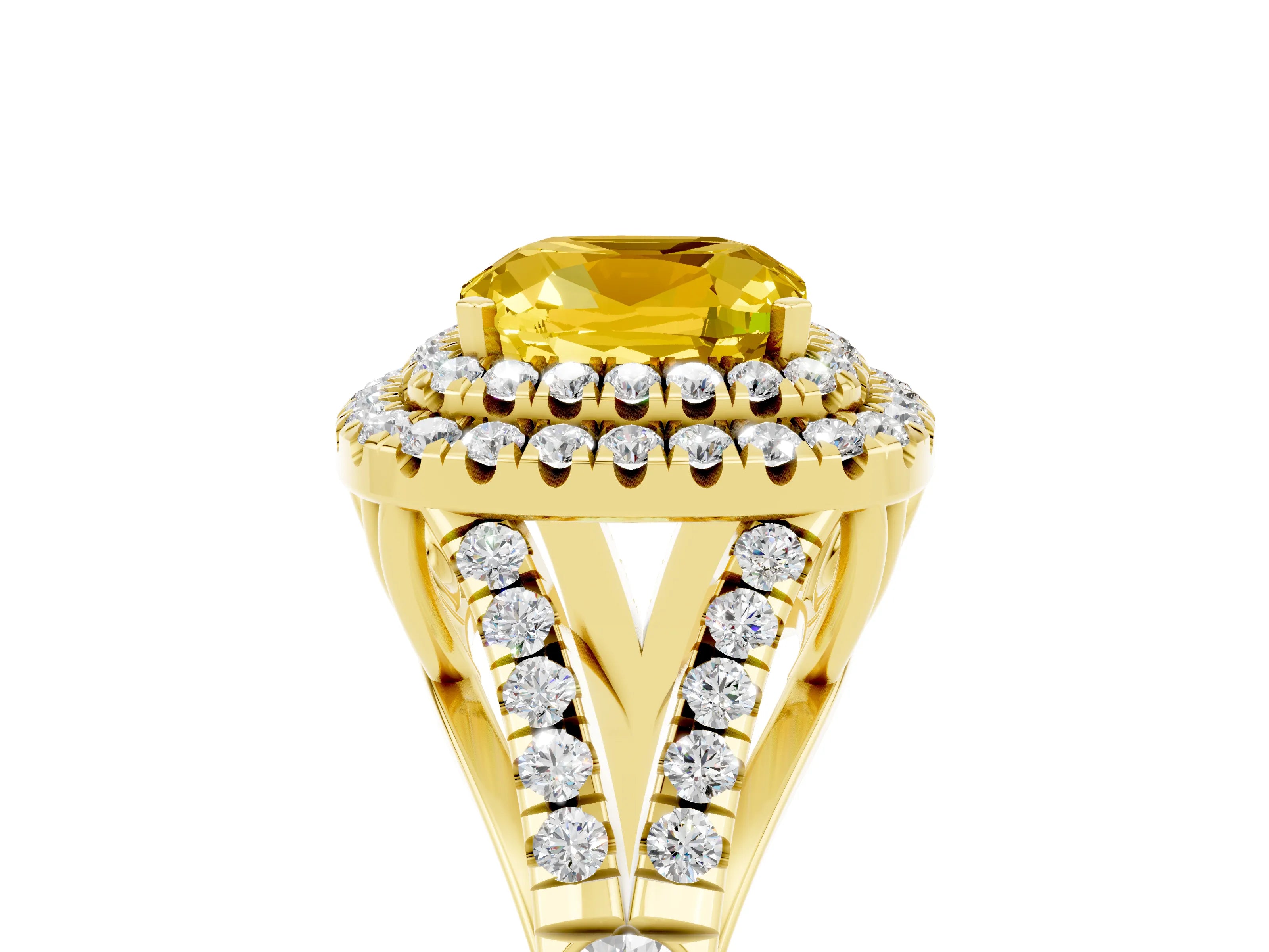 Yellow gold Double Halo Cushion Cut Yellow Sapphire Pavé Split Shank Ring with Prong Setting_5