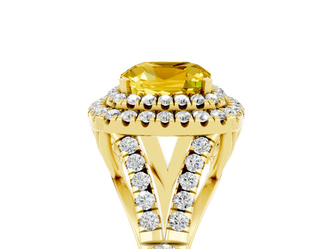 Yellow gold Double Halo Cushion Cut Yellow Sapphire Pavé Split Shank Ring with Prong Setting_5