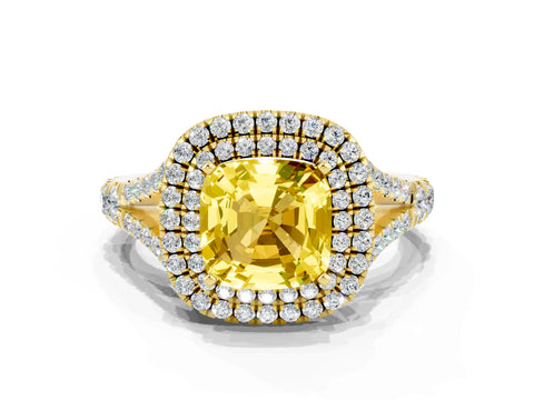 Yellow gold Double Halo Cushion Cut Yellow Sapphire Pavé Split Shank Ring with Prong Setting