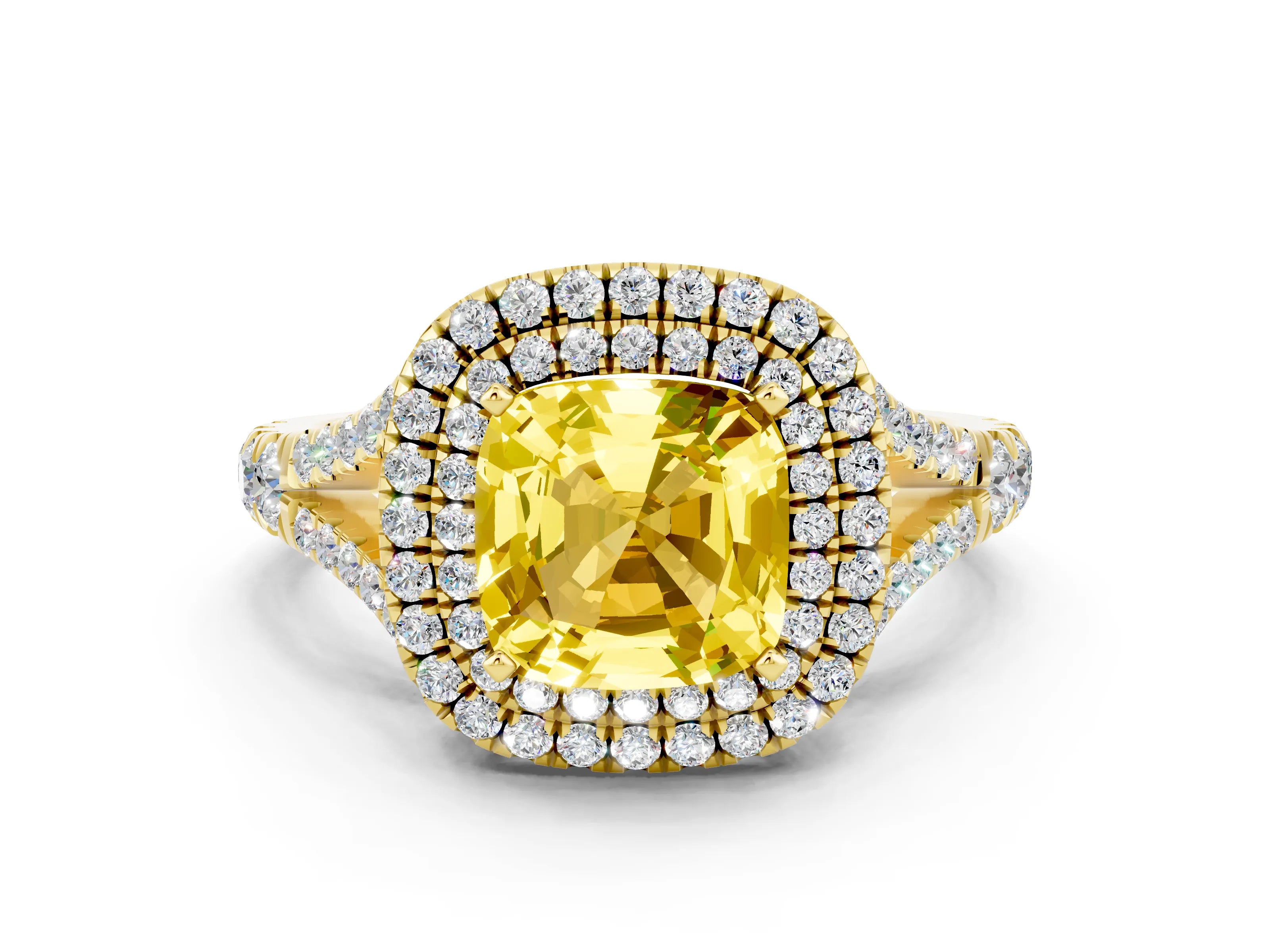 Yellow gold Double Halo Cushion Cut Yellow Sapphire Split Shank Engagement Ring with Four-Prong Setting