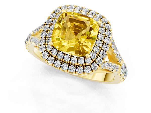 Yellow gold Double Halo Cushion Cut Yellow Sapphire Split Shank Engagement Ring with Four-Prong Setting