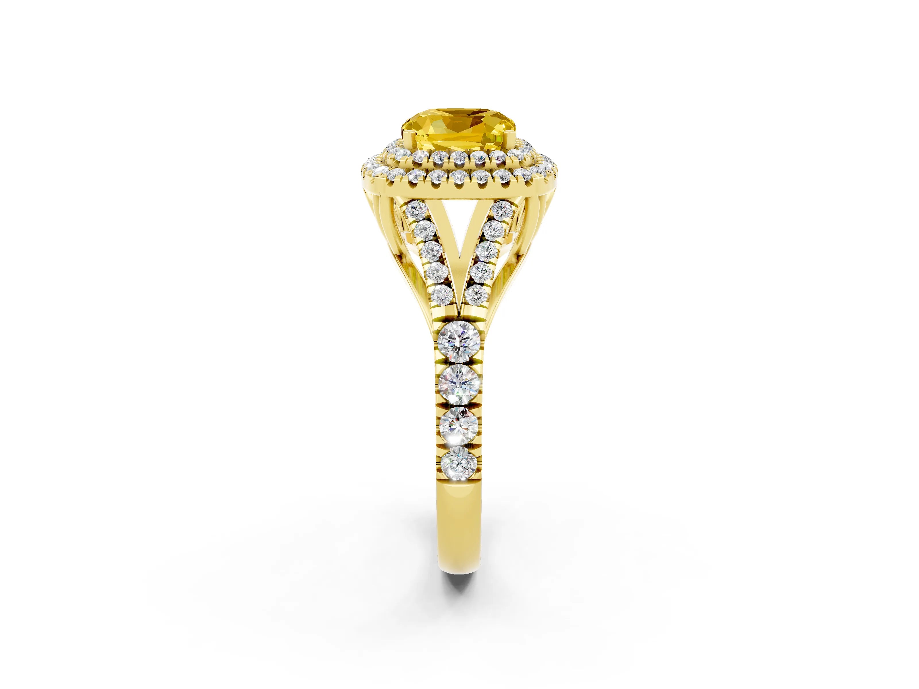 Yellow gold Double Halo Cushion Cut Yellow Sapphire Split Shank Engagement Ring with Four-Prong Setting_2
