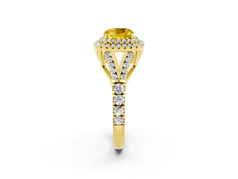 Yellow gold Double Halo Cushion Cut Yellow Sapphire Split Shank Engagement Ring with Four-Prong Setting_2