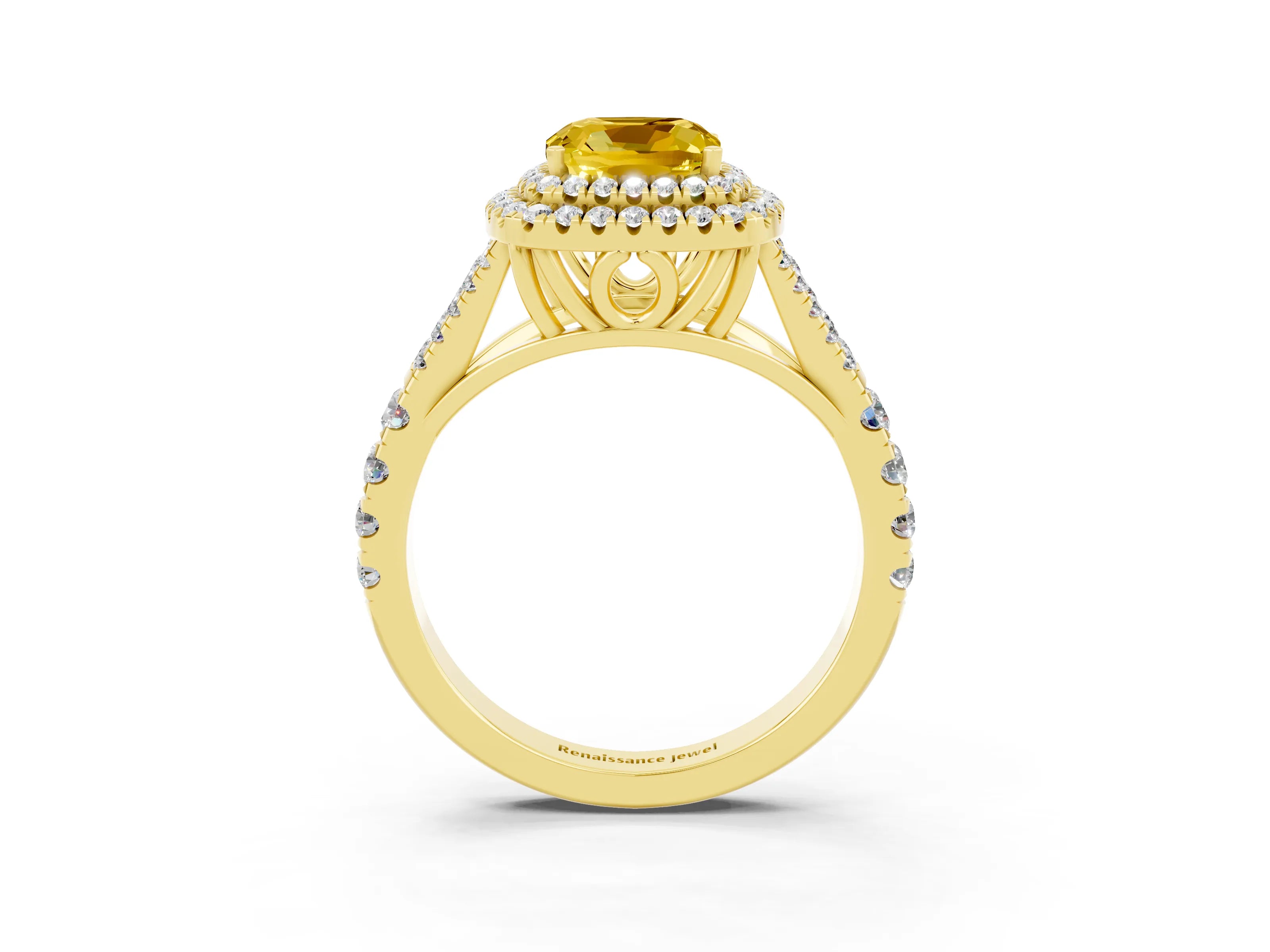 Yellow gold Double Halo Cushion Cut Yellow Sapphire Split Shank Engagement Ring with Four-Prong Setting_3
