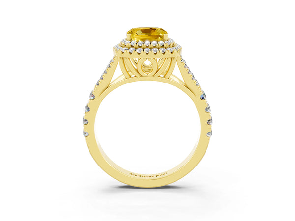 Yellow gold Double Halo Cushion Cut Yellow Sapphire Split Shank Engagement Ring with Four-Prong Setting