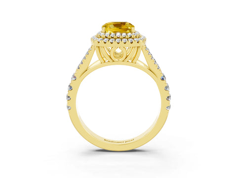 Yellow gold Double Halo Cushion Cut Yellow Sapphire Split Shank Engagement Ring with Four-Prong Setting_3