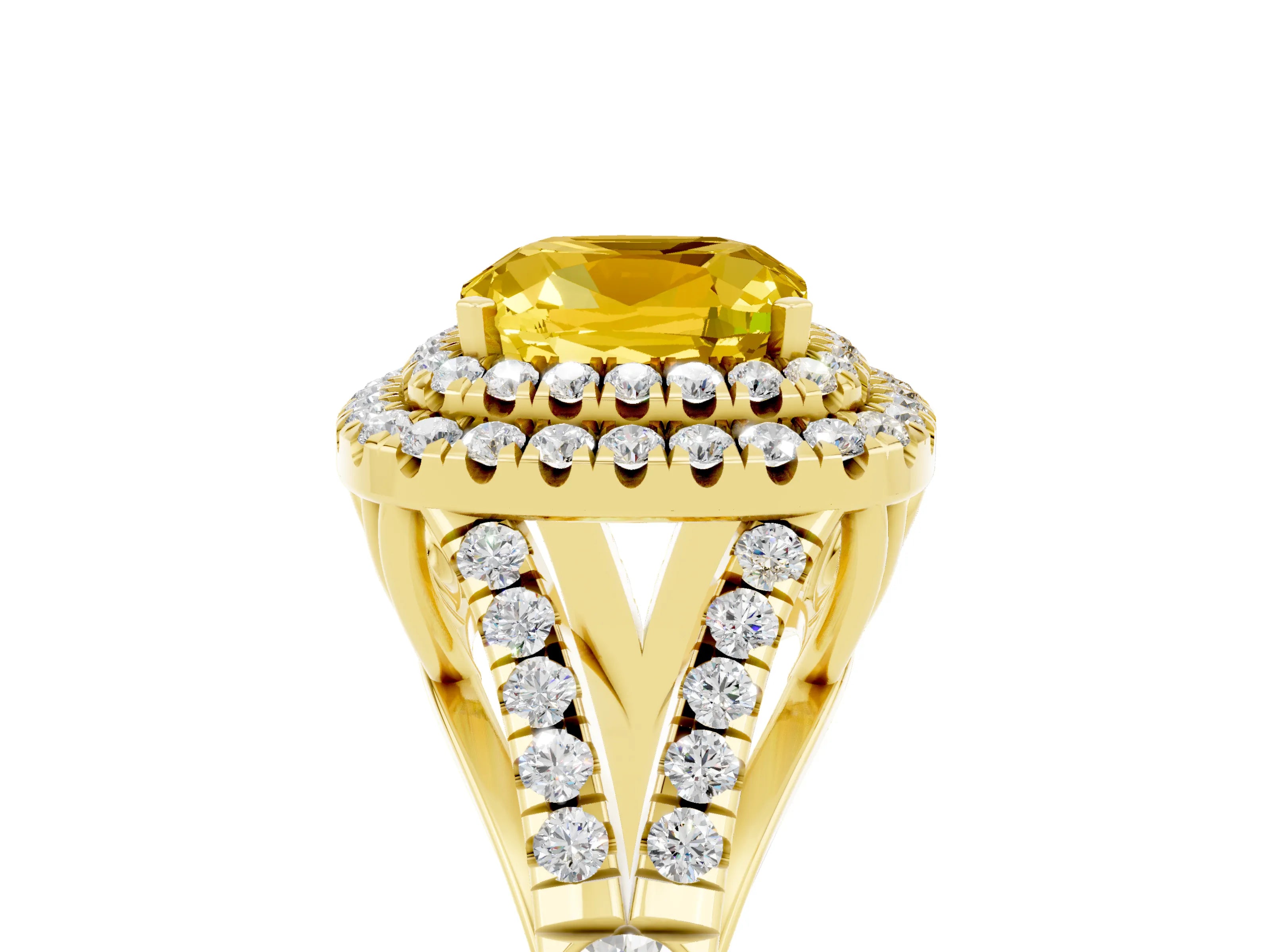 Yellow gold Double Halo Cushion Cut Yellow Sapphire Split Shank Engagement Ring with Four-Prong Setting_5