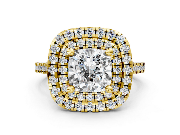 Yellow Gold Cushion Cut Double Halo Pave Engagement Ring Setting