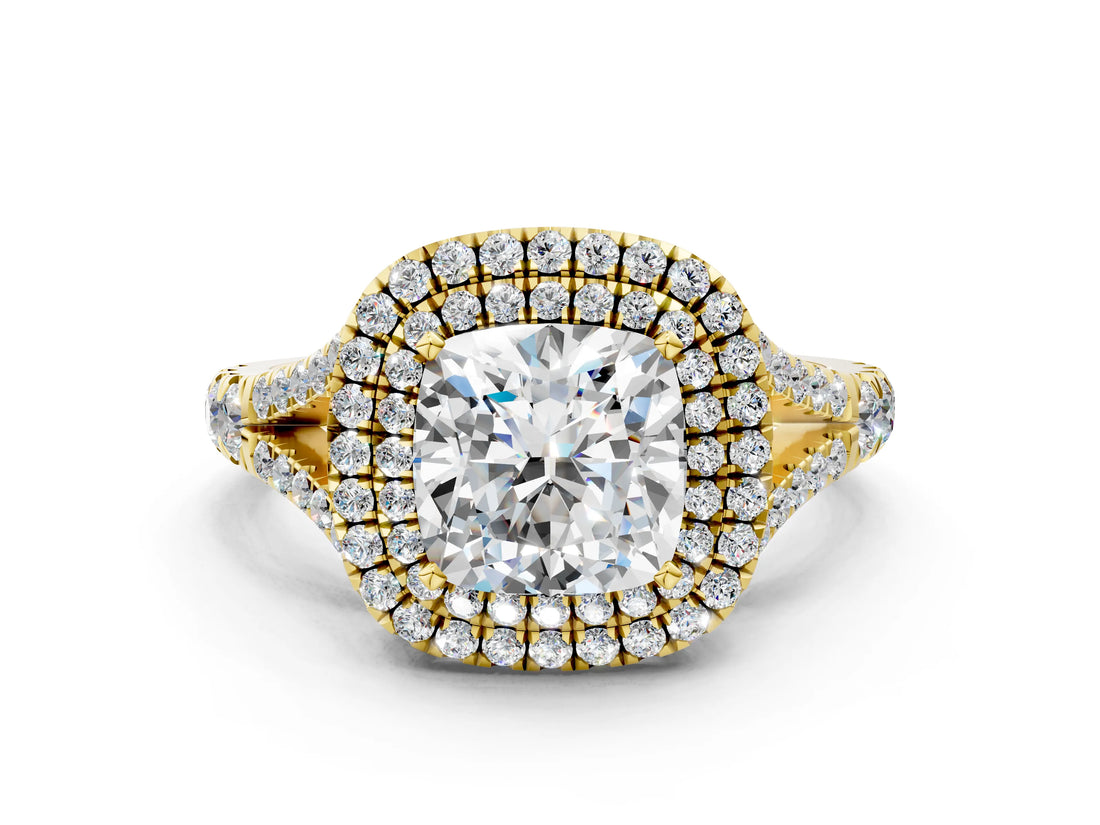 Yellow gold Double Halo Cushion-Shaped Split Shank Diamond Ring with Prong Setting_15