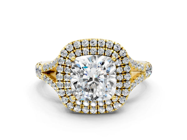 Yellow gold Cushion Cut Diamond Double Halo Ring with Split Shank and Prong Setting