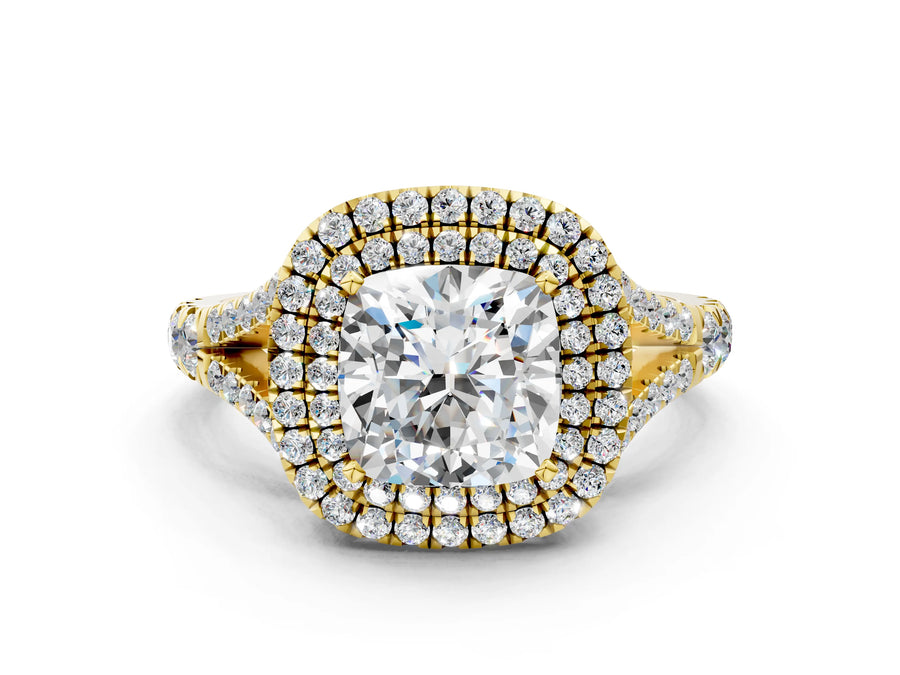 Yellow gold Cushion Cut Diamond Double Halo Ring with Split Shank and Prong Setting