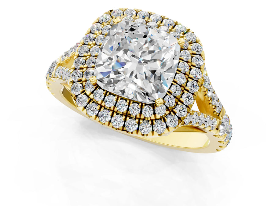 Yellow gold Cushion Cut Diamond Double Halo Ring with Split Shank and Prong Setting
