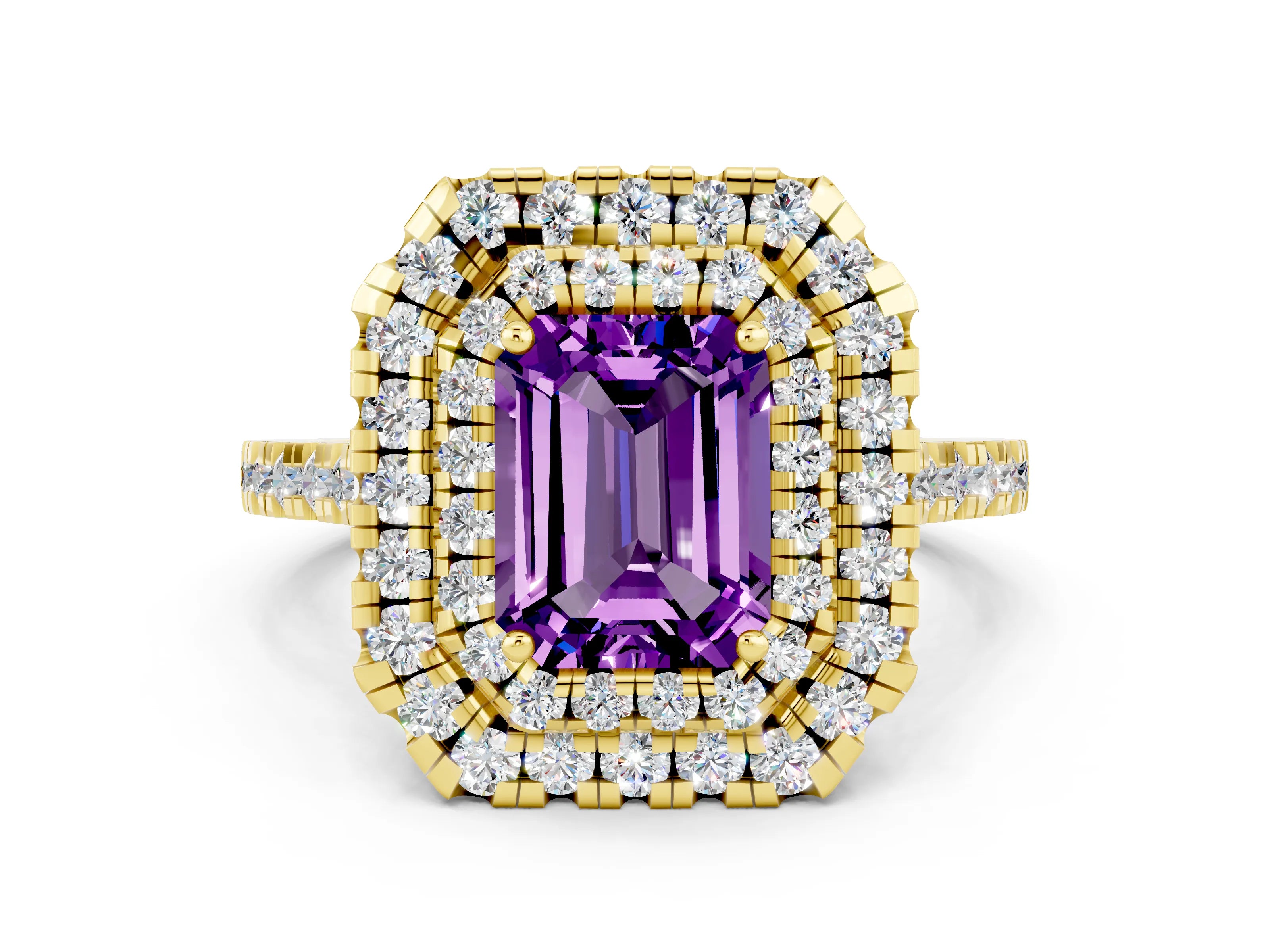 Yellow gold Double Halo Emerald Cut Amethyst Pavé Band with Four-Prong Setting
