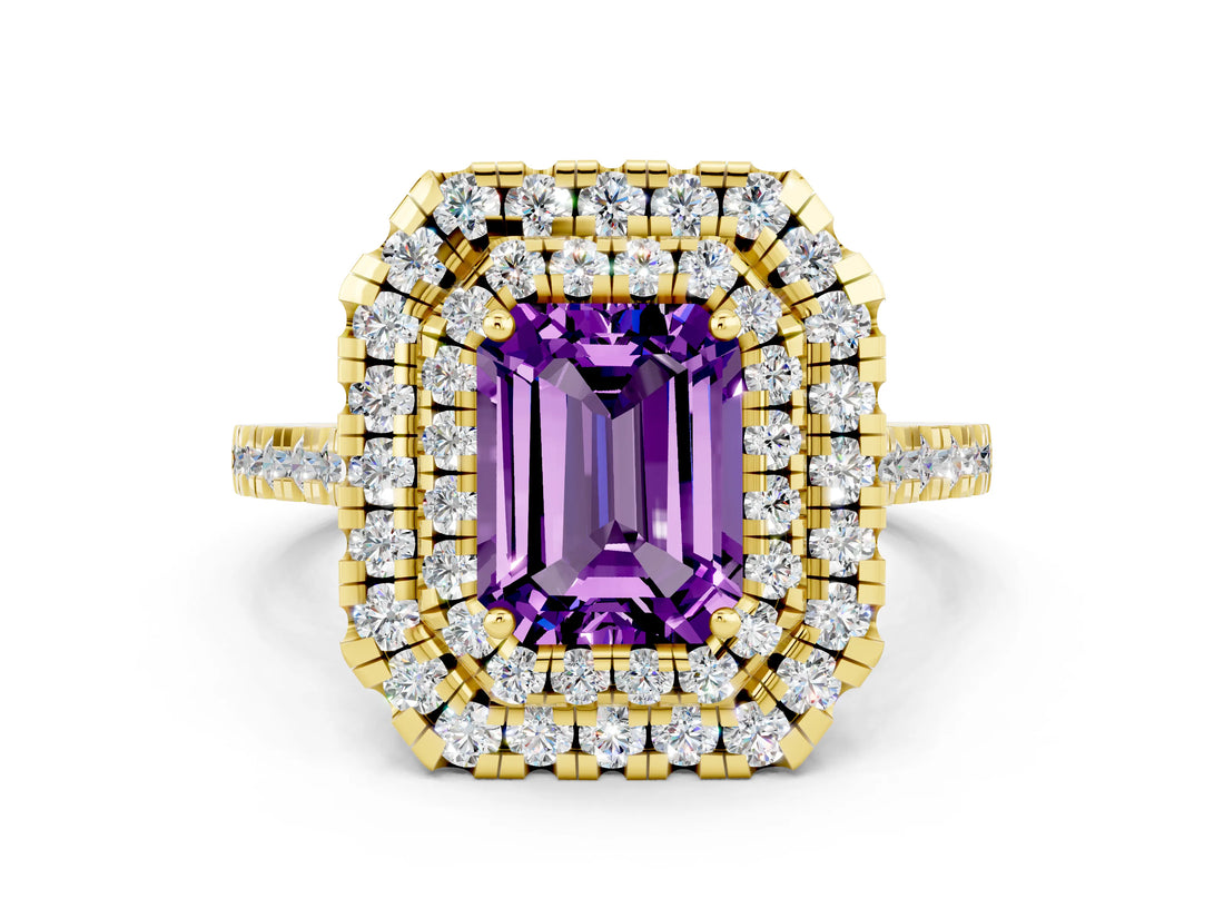 Yellow gold Double Halo Emerald Cut Amethyst Pavé Band with Four-Prong Setting