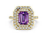 Yellow gold Double Halo Emerald Cut Amethyst Pavé Band with Four-Prong Setting