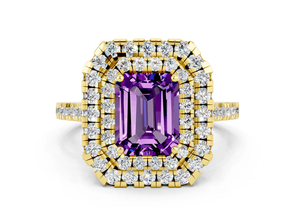 Yellow gold Double Halo Emerald Cut Amethyst Pavé Band with Four-Prong Setting