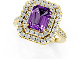 Yellow gold Double Halo Emerald Cut Amethyst Pavé Band with Four-Prong Setting_1